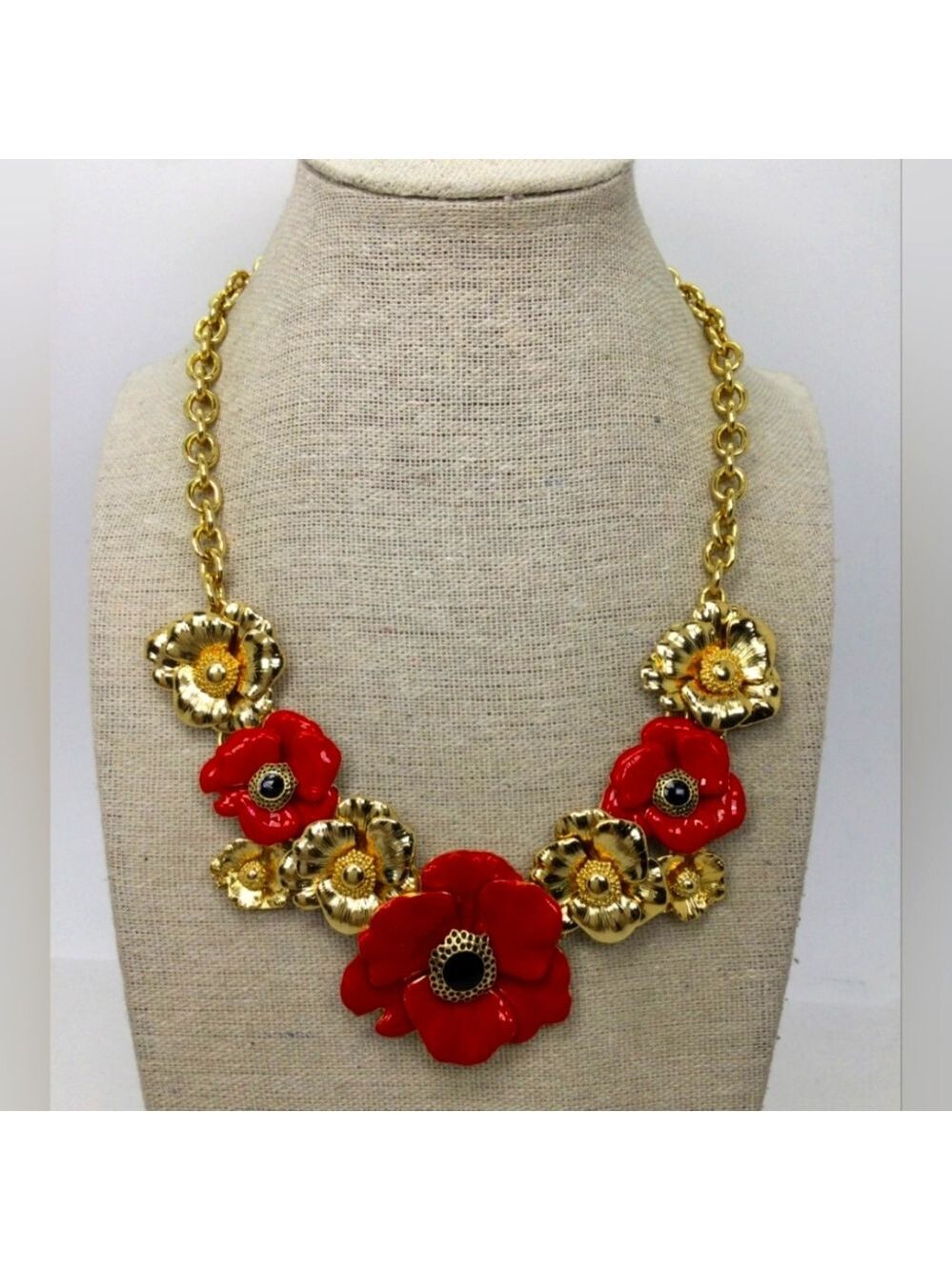 Talbots Red Enamel Goldtone Flower Statement Necklace EUC 17 1/2"+3"